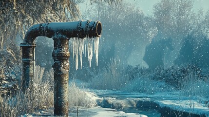Poster - Frozen water pipe with icicles hanging down in a wintry scene