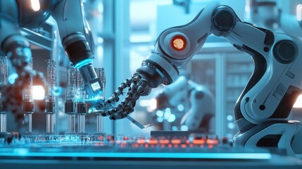 Poster - Futuristic AI robots collaborating on scientific research in an advanced lab Dynamic illustration of innovation and precision in artificial intelligence applications