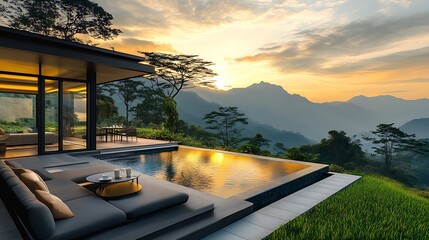 Poster - Scenic Sunset View from Luxury Villa with Infinity Pool in Mountainous Jungle Retreat : Generative AI