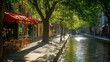 © Puttipong - Serene Riverbank Cafe Scene with Sunlight and Green Trees
