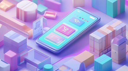 Poster - Illustration of an online shopping experience with smartphone displaying e-commerce delivery and payment options