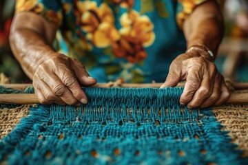 Poster - Artisan weaving traditional textile with turquoise yarn