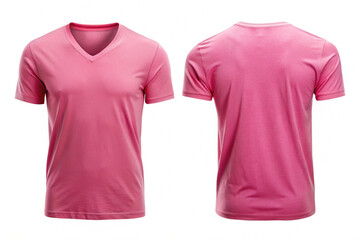 Wall Mural - Blank Pink color v-neck t-shirt template. Front and back view, Realistic short sleeve t-shirt mockup, isolated on white background. 3d rendering