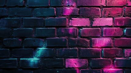Poster - Neon-lit black brick wall glowing with pink, purple, and blue lighting effects