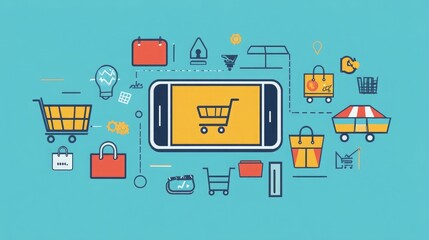 Poster - Online shopping banner featuring a mobile phone with icons of carts and delivery services