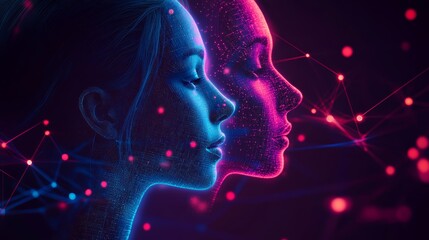 Fototapete - Facial recognition technology, woman's face with network of connected dots. biometric security and ai concept