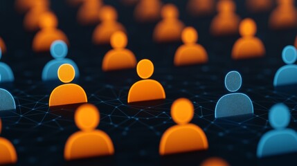 Fototapete - Dynamic interaction, a group of people engaging with vibrant orange and blue abstract shapes, symbolizing collaboration energy