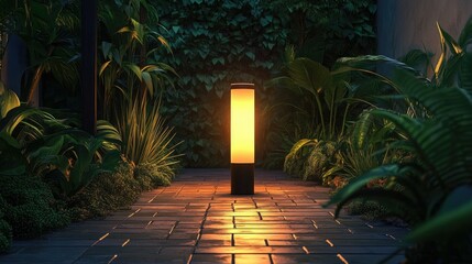 Wall Mural - Serene Outdoor Garden Pathway with Illuminated Lantern at Dusk