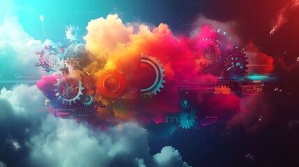 Wall Mural - Abstract Colorful Cloudscape with Interlocking Gears