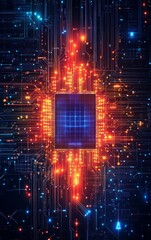 Poster - An abstract depiction of a futuristic circuit board with illuminated pathways and a central processing unit, symbolizing advanced technology and innovation.