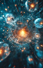 Poster - An abstract representation of advanced technology with glowing orbs and energy bursts, symbolizing innovation and digital progress in a futuristic setting.