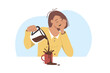 © aprint22com - Sleepy woman drinks hot coffee to perk herself up, spilling coffee due to severe exhaustion or lack of strength. Girl needs rest and increased sleep time to avoid burnout and chronic drowsiness.