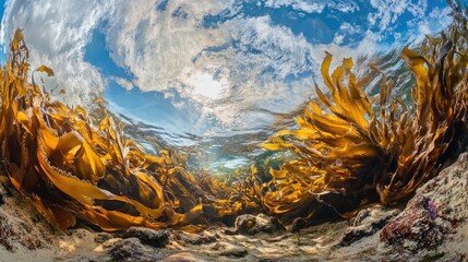 Sticker - Underwater Scene of Kelp Forest with Sunlight and Blue Sky Above