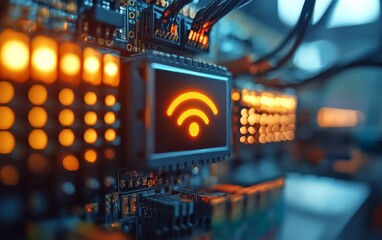 Poster - Close-up of a circuit board with glowing components, showcasing a Wi-Fi symbol, representing modern connectivity and technological advancements.