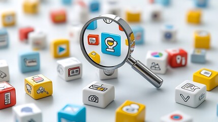 Fototapete - 3D Magnifying Glass Focusing on Cluster of Floating Digital Icons Symbolizing Search Engine s Ability to Precisely Target Specific Information and Data
