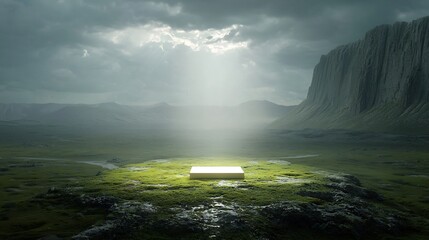 Leinwandbilder - A 3D search bar floating above a digital landscape casting a light that reveals hidden paths symbolizing the power of search to guide and unveil new possibilities
