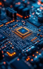 Poster - Close-up view of a modern computer processor on a circuit board with glowing lights, showcasing intricate details of technology and innovation.
