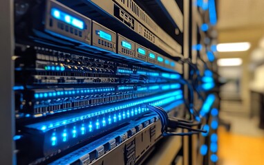Poster - Close-up view of a modern server rack showcasing illuminated network switches and cables, highlighting advanced technology in a data center.