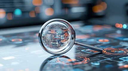Aufkleber - A captivating 3D rendered image showcasing a magnifying glass hovering over a holographic globe