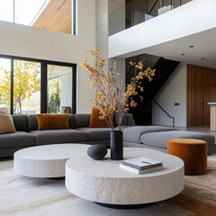 Poster - Create a serene contemporary living room with round stone tables and dried botanical arrangements in gray tones