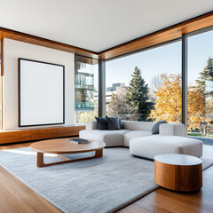 Poster - Embracing minimal living cylindrical side tables and empty art frame in a contemporary space with earthy elements