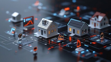 Leinwandbilder - Digital data visualization of economic policy impacts and market trends in the housing sector illustrated through charts graphs and housing icons