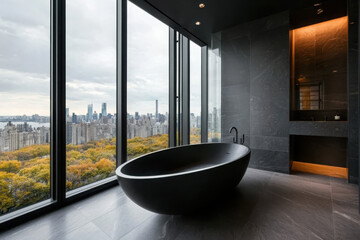 Poster - Transform your urban space minimalist black oval bathtub modern bathroom design cityscape views sleek aesthetic contemporary living