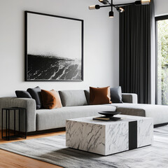 Poster - Showcasing nordic interior design marble accent furniture and fabric sofa with black frame in a modern living room setting