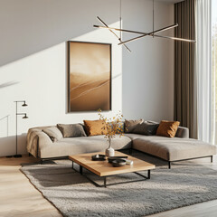 Poster - Designing a cozy living room mockup with stylish furniture soft lighting and minimalist accessories in beige and gray tones