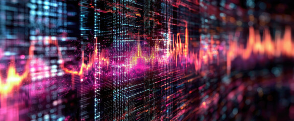 Poster - Digital data pattern, abstract network surface in cyber space, AI tech dark background. Concept of sound, music, banner, technology