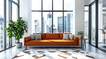 Poster - Transforming urban living modern apartment design featuring terracotta upholstered sofa geometric flooring and white walls in a cityscape environment