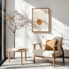 Aufkleber - Creating a serene living space warm minimalist corner with subtle decor framed wall art and soft textures in natural light