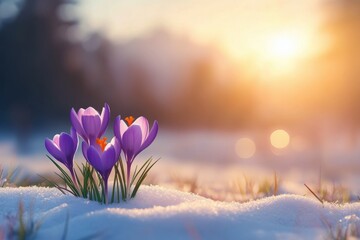 Wall Mural - Spring flowers bloom through melting snow in a serene landscape at dawn