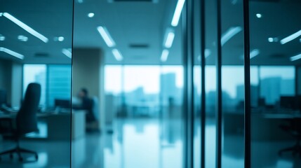 Poster - Blurred view of modern office interior with glass partitions and city view.