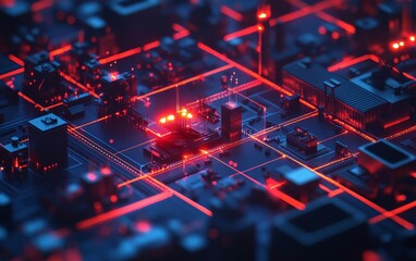 Poster - A close-up view of a futuristic circuit board with intricate designs and glowing lights, representing advanced technology and digital connectivity.
