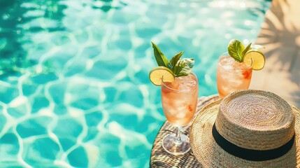 Poster - Couple on a tropical summer vacation, sitting by the pool with cocktails 