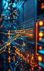 Poster - A close-up view of a modern data center showcasing illuminated server racks and vibrant network cables, representing the cutting-edge world of technology.