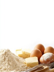 Poster - Flour, eggs, butter, and a whisk are organized on a white backdrop, providing a clean setup for baking tasty desserts or pastries. Generative AI