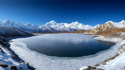 Wall Mural - A panoramic view of a frozen lake nestled in the Himalayas, surrounded by snow-capped peaks under a clear blue sky.