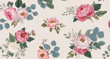  A vintage floral pattern with roses peonies and eucalyptus leaves arranged in a soft romantic design perfect for wedding gifts
