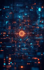Poster - A futuristic digital background featuring intricate circuits and glowing electronic patterns in vivid blue and orange tones, ideal for tech projects.