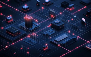 Poster - A futuristic digital landscape showcasing interconnected circuits and glowing nodes, illustrating the advanced world of technology and innovation.