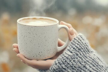 Poster - Warm cup of coffee held gently in hands near a sunny window with soft background lights