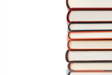 Leinwandbilder - A variety of books are neatly stacked, displaying different genres with colorful spines, set on a clean white background for emphasis. Generative AI