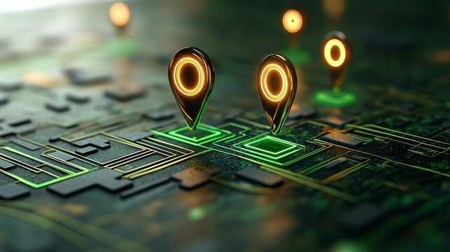 Digital map with glowing location markers on a circuit board, embodying modern technology and navigation concepts.