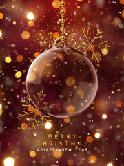 Wall Mural - merry christmas and happy new year dark red background. elegant glass christmas ornament with golden