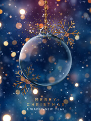 Wall Mural - Merry Christmas and Happy New Year dark blue background. Elegant glass Christmas ornament with golden snowflakes ,hanging on gold ribbon from beads, shimmering bokeh lights. Vector illustration