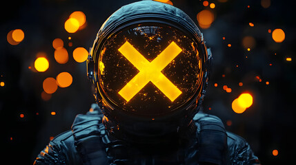 Wall Mural - dark astronaut with two yellow x's over his eyes, accented by orange lighting.