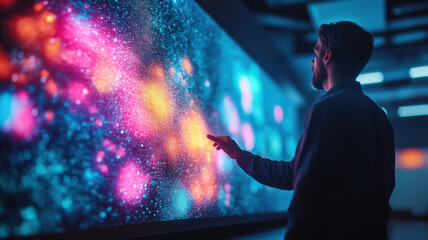 Poster - Vibrant data visualization projected on wall, showcasing colorful patterns and lights. man interacts with display, creating dynamic atmosphere