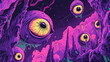 © Thiago - Technicolor dreamscape of cartoon psychedelia, electric purple backdrop pulsates with omnipresent eyes, acid-trip aesthetics push visual boundaries. Dreamscape. Illustration